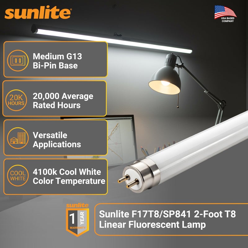 Sunlite 30125 2 Foot T8 Linear Fluorescent Lamp, 17 Watts, 1450 Lumens, F17T8/SP841, 4100K Cool White, Medium G13 Bi-Pin Base, ROHS Compliant, 30 Pack - Image 2